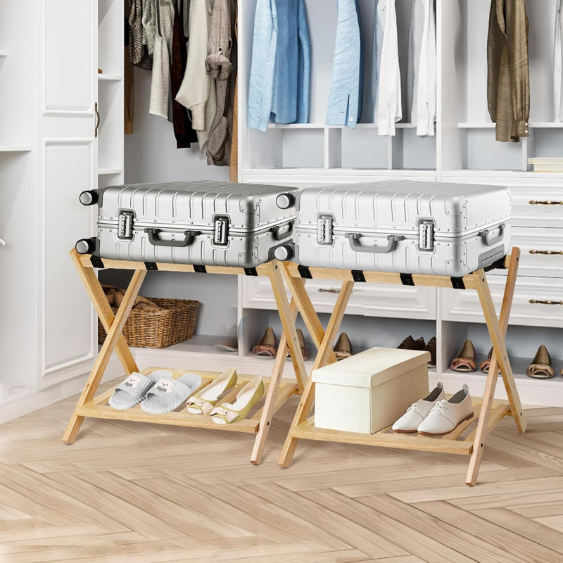 Porte-bagages pliable en bois avec tablette, Naturel, Ensemble de 2