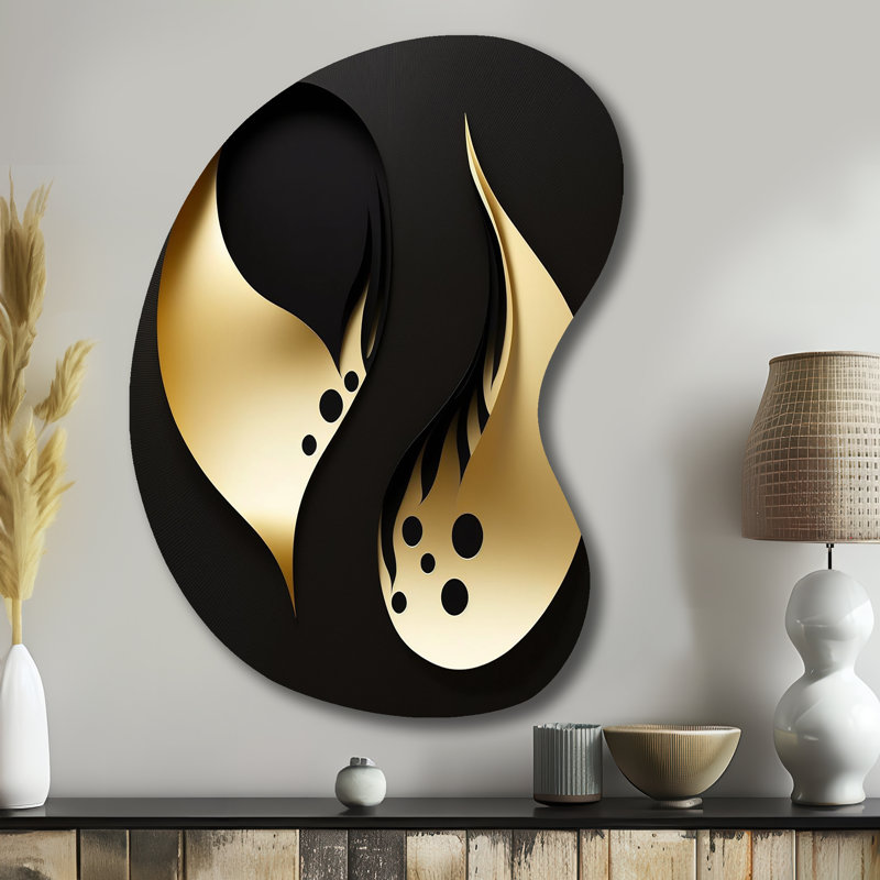 Gouttelettes dorées sur fond noir - forme géométrique de flèche moderne - art mural asymétrique en métal, H 39 po x l 28 po