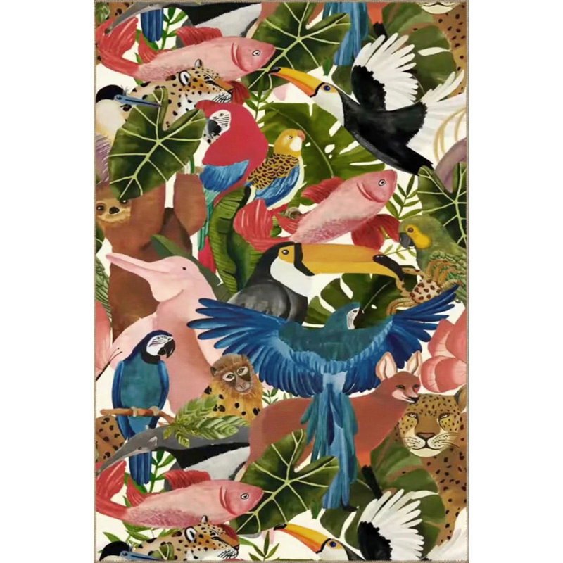 Multicolored Mixed Bird Fish And Flower Patterned Modern Decorative Carpet, Round 3'4"