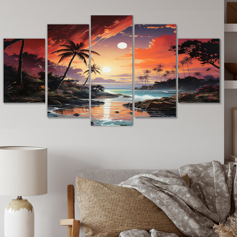 Coral Palm Trees Landscape I - Décoration murale palmiers - 5 panneaux