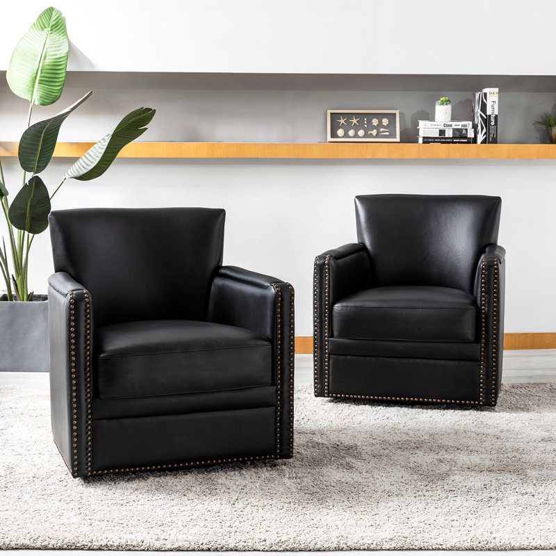 Sandra 29'' Wide Genuine Leather Swivel Chair (Set Of 2), Black Genuine Leather