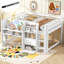 Lit mezzanine double pleine grandeur avec bureau intégré, armoires de rangement et bibliothèque ouverte, tableau blanc pour graffiti, blanc-1079516764