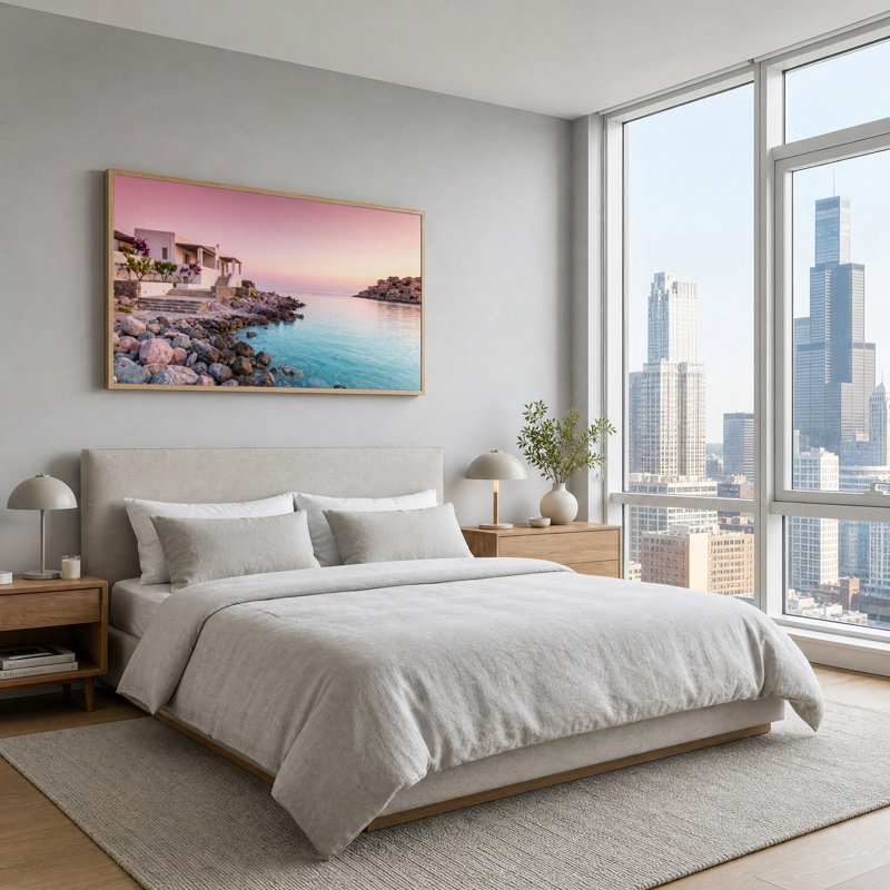 Art mural sur toile, "Pink Sunset Rocky Coastline White", H 32 po x l 48 po