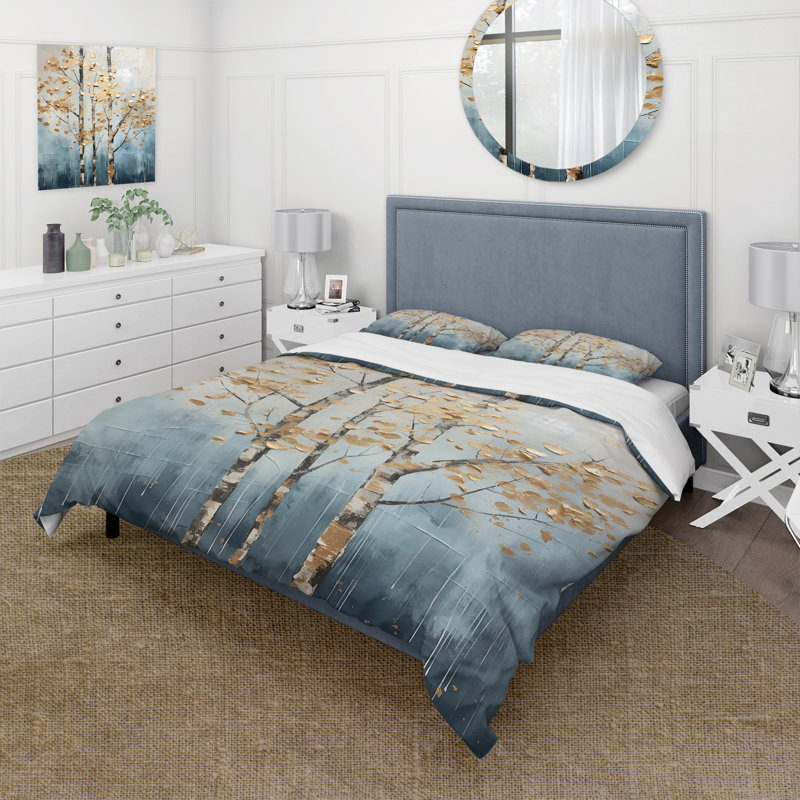 Ensemble de housse de couette Gold and Blue Trees Harmony III - Trees, Housse de couette pour grand lit et 2 taies décor