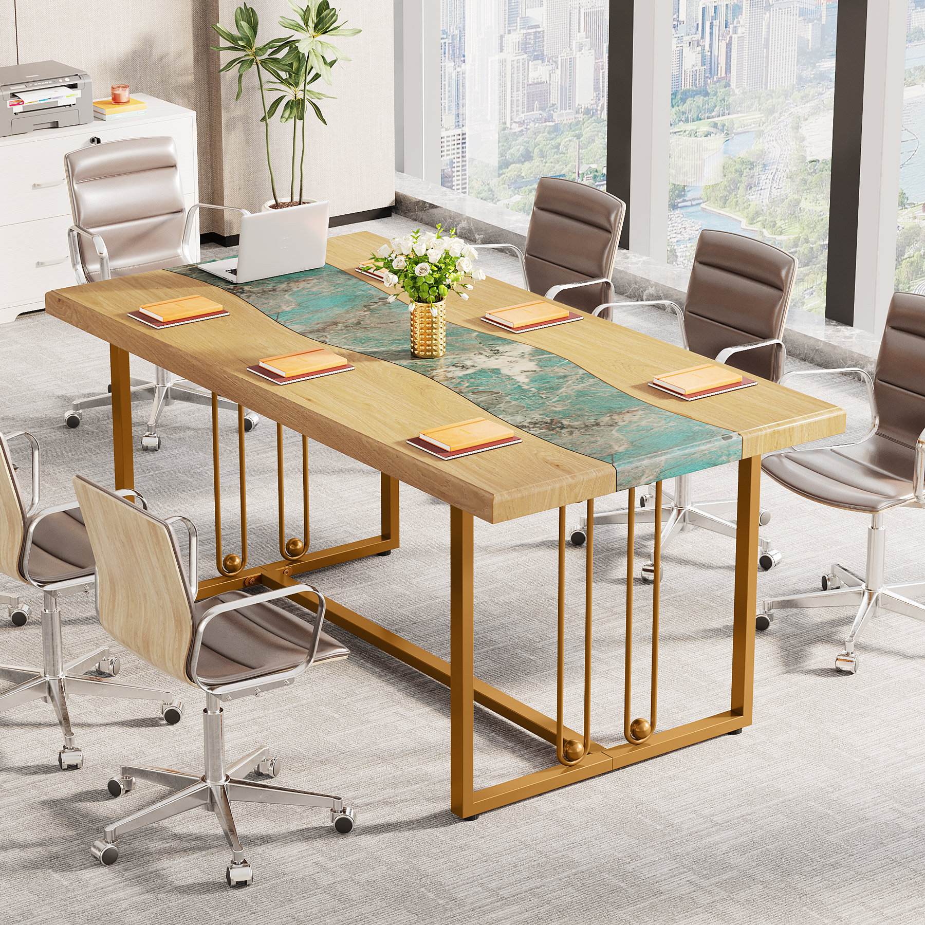 Azriel 70.9'' Executive Desk, Modern White and Gold Conference Table Mercer41