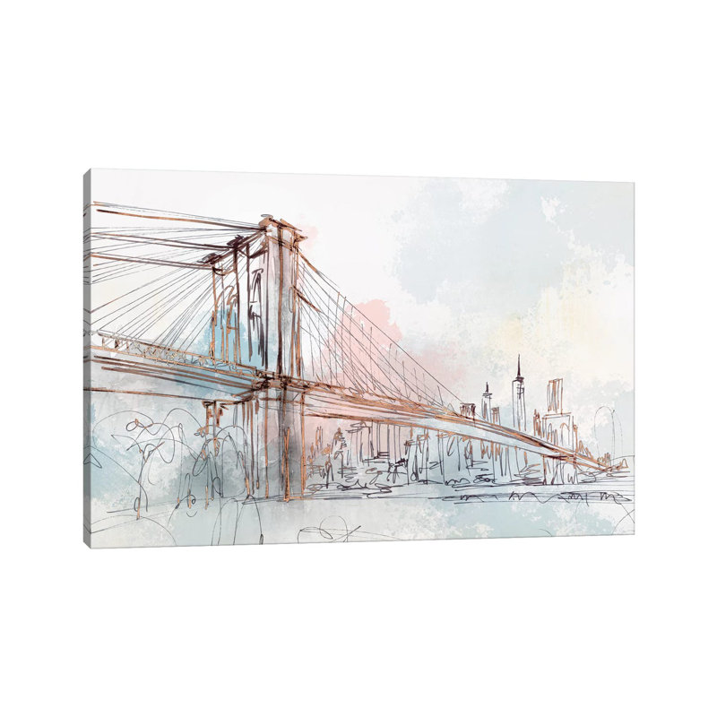 «Blush Brooklyn Bridge» par Isabelle Z - reproduction d'art sur toile tendue, H 12 po x l 18 po x 1,5 po