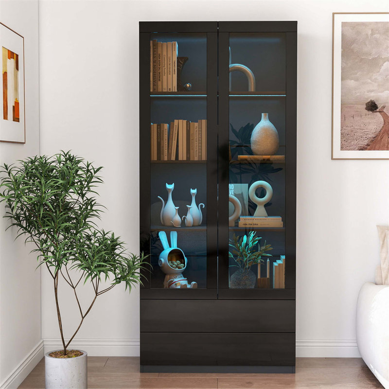 Vitrine polyvalente avec portes en verre, rangement de curiosités avec tiroirs, bibliothèque avec lumières DEL pour un décor moderne