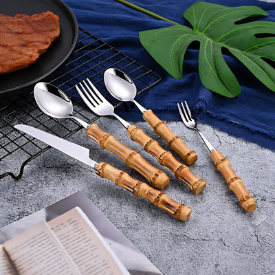 20 Piece Premium 304 Stainless Steel Bamboo Handle Cutlery Set - Steak Knife And Fork For Restaurant, Home Dining, Elegant And Durable Flatware