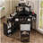 Corner Vanity Desk Set with Storage Cushioned Stool and Charging Station, Triangle Makeup Desk with Removable Pull-Out Side Cabinet, Glass Tabletop Makeup Vanity Desk with Drawer and Shelf, Black-965461159