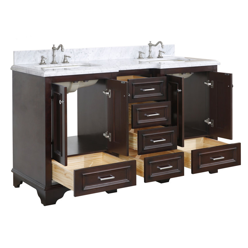 Loughlam 60'' Double Bathroom Vanity with Top, Chocolate, Carrara Marble
