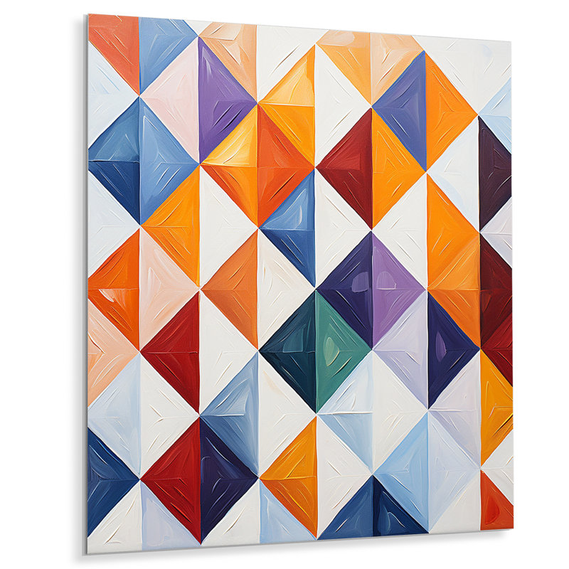 Carreaux géométriques multicolores orange et bleus - tuile abstraite, art mural en métal, H 32 po x l 24 po x P 1 po