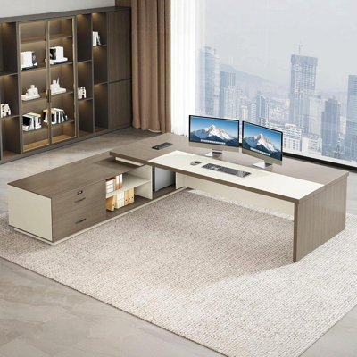 Bureau de direction en forme de L 79 po avec tiroirs, bureau de direction avec rangement et classeur, bureau moderne avec DEL et prises de courant, bureau de coin
