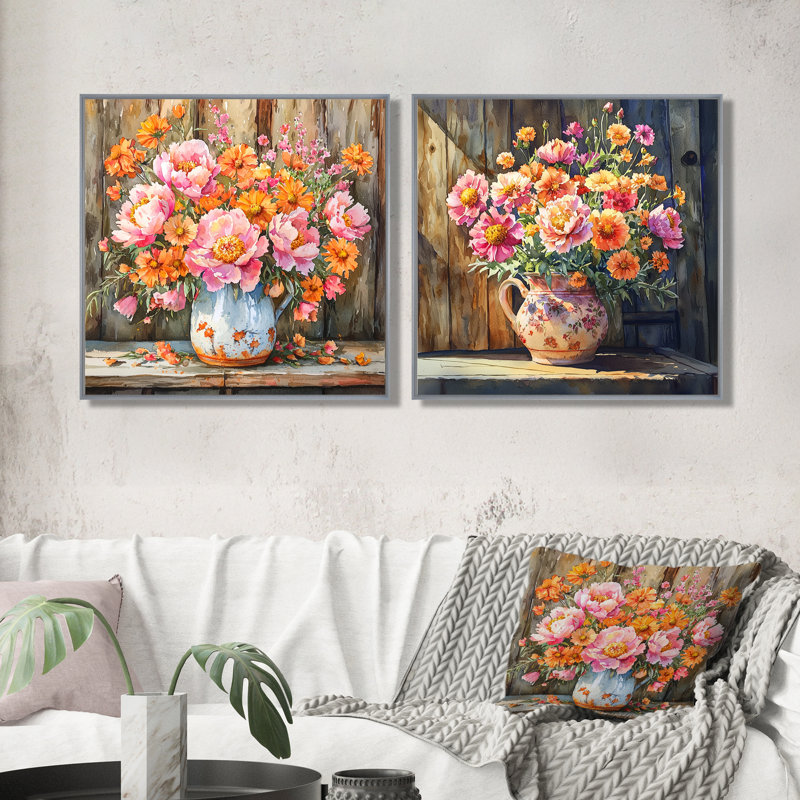 Coucher de soleil pivoines assorties - Bouquets assortis - art mural traditionnel sur toile, 2 pièces, Cadre flottant