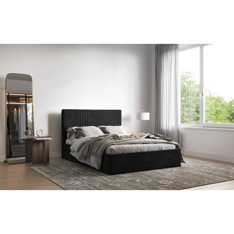 Malmo Kailua Upholstered Bed Frame - Plush Velvet with Headboard and Sprung Slats, Double (4'6), Black