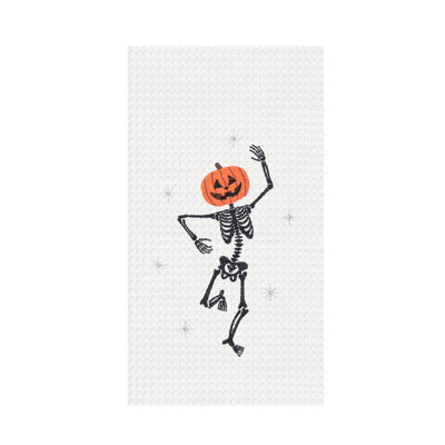 Dancing Jack O' Lantern Skeleton Halloween Embroidered 100% Cotton Waffle Weave Kitchen Dishtowel