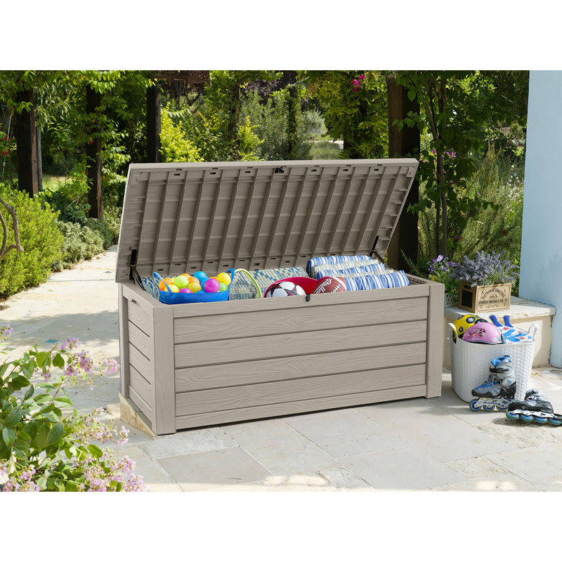 Keter Westwood 150 Gallon Durable Resin Outdoor Storage and Organization Deck Box Ideal For Garden Patio Furniture and Supplies, Beige