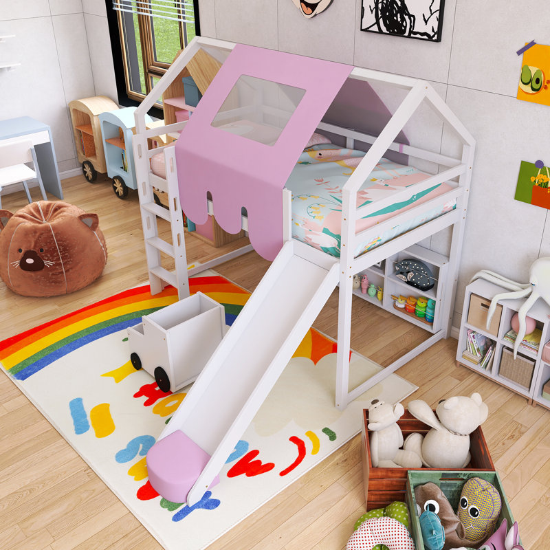 Lit mezzanine simple en bois avec tente, Blanc et rose