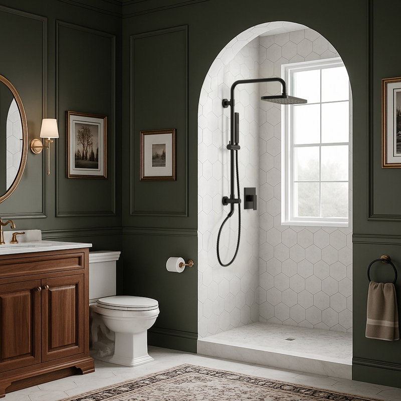 Système de douche mural à pression équilibrée, pomme de douche pluviale 13 po avec douchette coulissante, Noir mat