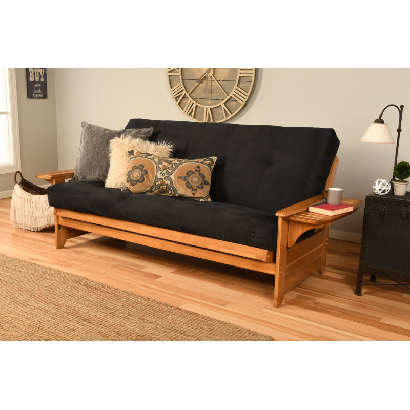 Johnte 82'' Wide Full Futon And Mattress, Suede Black Microsuede, Butternut, Premium Pocket Coil
