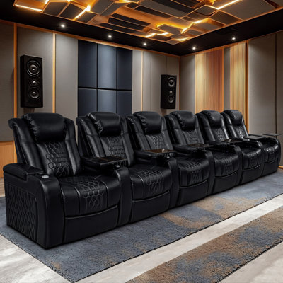 6 Pieces Genuine Leather Home Theater Chair, Black