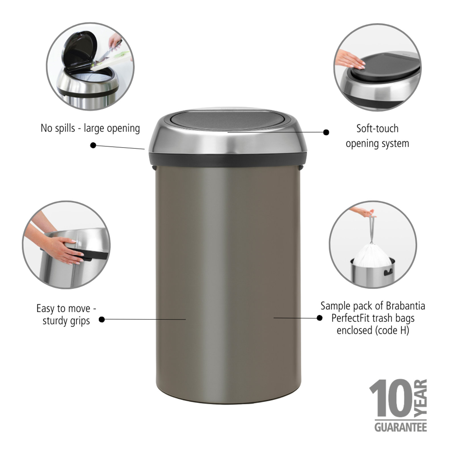 Brabantia Touch Top Trash Can 16 Gallon, Platinum/Silver
