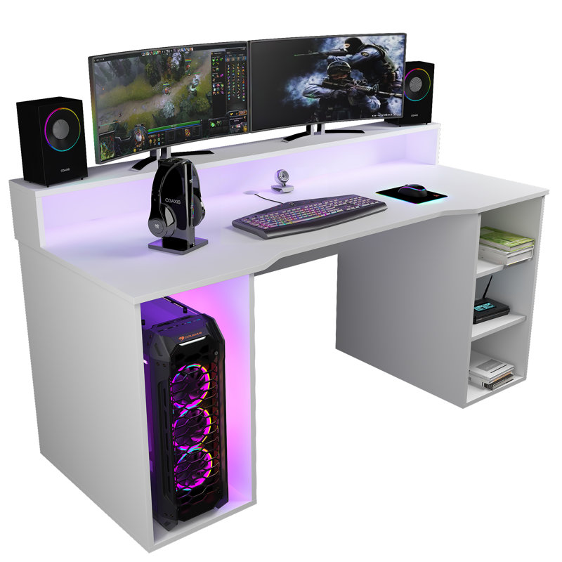 Bureau de jeu réversible Palomino Gamer avec prises intégrées, Blanc