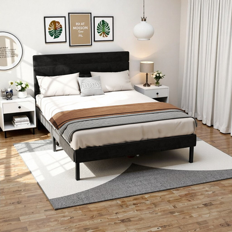 Velvet Upholstered Queen Bed Frame with Headboard – 14" Underbed Storage, Modern Platform Design, No Box Spring Needed, Black