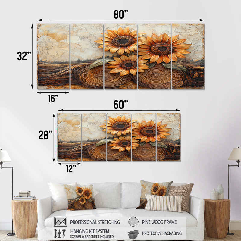 Duriye - art mural tournesols - ensemble de 5 pièces d'art mural traditionnel, H 28 po x l 60 po