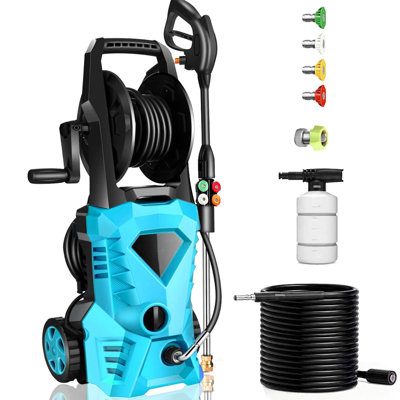 Electric Pressure Washer - 2026 New Power Washer with Upgraded 33ft Pressure Washer Hose Reel, Foam Cannon, 4 Nozzle Set, Power Washer for House/Patios/Car/Fence, Light Blue