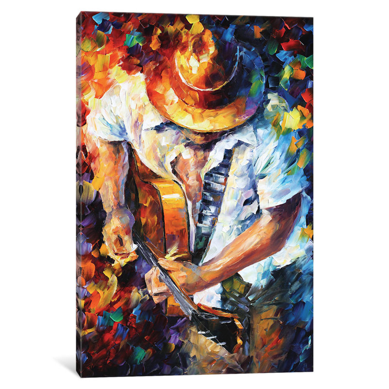 «Guitare et âme» par Leonid Afremov - Estampe numérique sur toile tendue avec châssis, H 40 po x l 26 po, Toile tendue