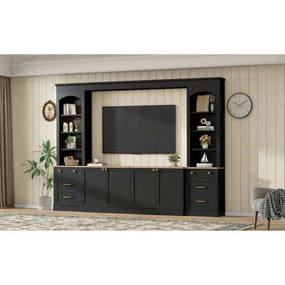 Meuble audio-vidéo rétro noir, meuble télé arqué de 106 po, rangement polyvalent avec armoires et tiroirs, structure de tiroir compatible avec panneaux de particules de 70 po
