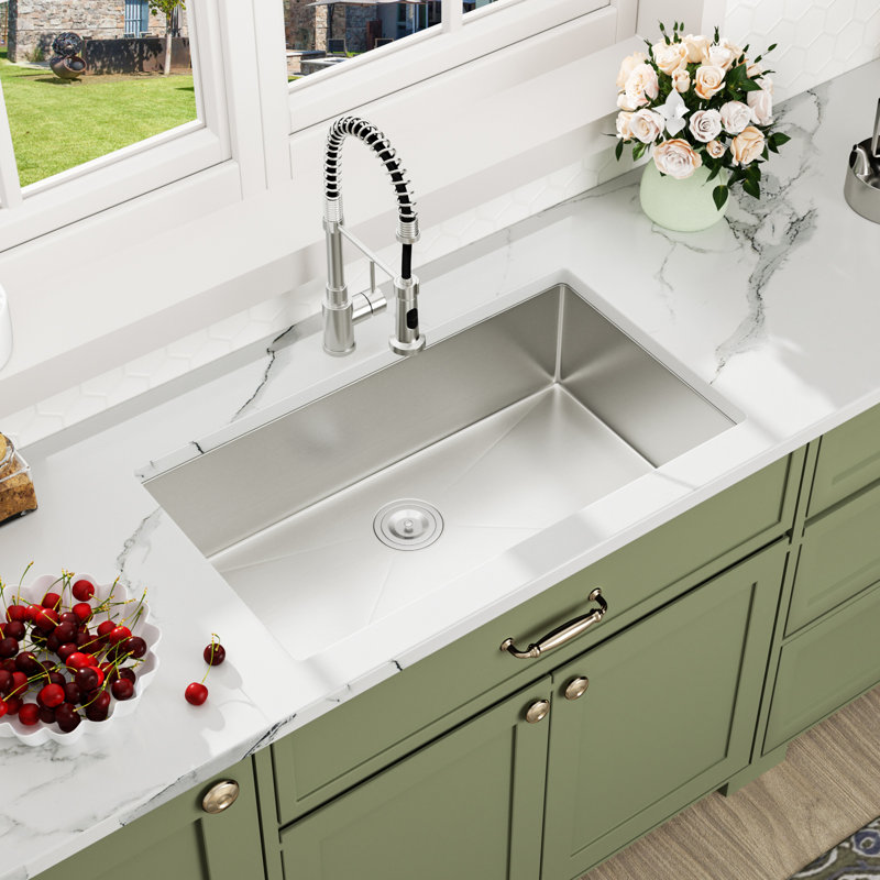 30" L x 18" W Undermount Single Bowl Stainless Steel Kitchen Sink with Basket Strainer, Brushed Nickel, 30" L x 18" W 