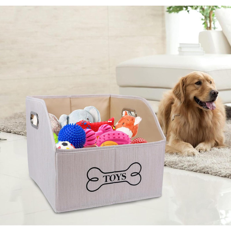 Dog Toys Storage Bins With Wooden Handle,Decorative Basket Rectangular Soft Felt Storage Bin Organizer Basket Pet Supplies Storage Basket/Bin-Beige