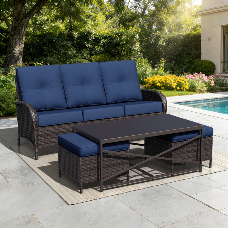 3-Person PE Wicker Outdoor Patio Set With Sofa, Ottomans, Coffee Table & Blue Cushions, Blue