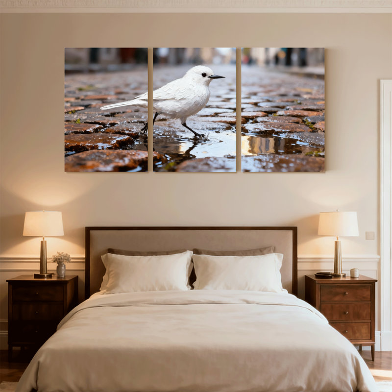 «Birds Bird on Wet Cobblestone Path», ensemble de 3 impressions sur toile, H 24 po x l 48 po