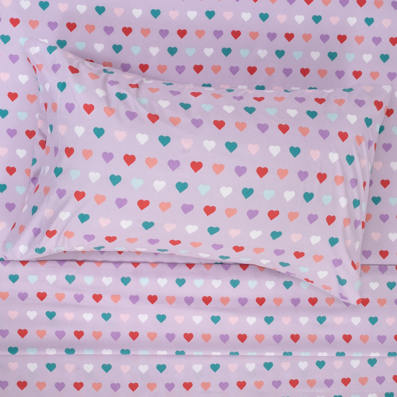Kids' Printed Bright & Fun Microfiber Sheet Sets, Full, Hearts