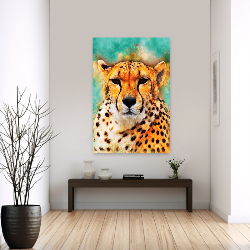 «Vibrant Cheetah Portrait Contemporary Cat Animal Nature», art mural, H 60 po x l 40 po
