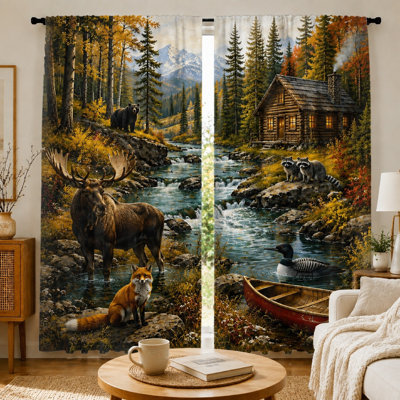 2Pcs Wildlife Scene Curtains with Moose Fox Bear Raccoons and Cabin, Realistic Woodland Print, Rustic Style, Outdoor Theme, Decorative Window Panels, for Living Room, Bedroom, Lodge, Nature Lover Gift, Rod Pocket Hanging, Light Filtering Fabr