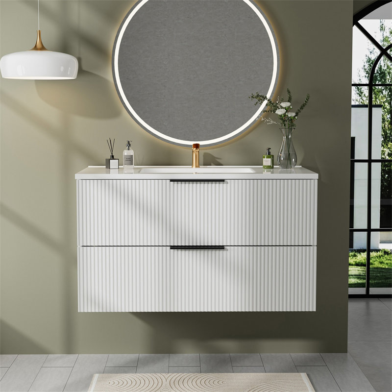 Meuble-lavabo flottant blanc cannelé 36 po, Blanc, 36"