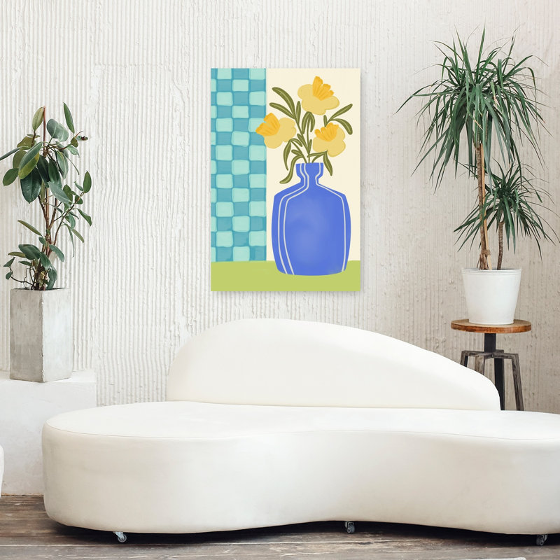 Fleurs jaunes, vase bleu, art moderne printemps-été