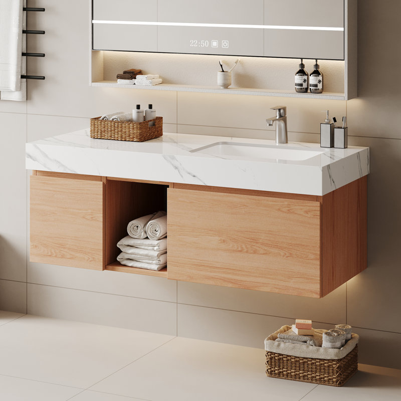 Wall Mounted Single Bathroom Vanity Modern floating Vanities with Solid Wood, 2 Drawers, Oak, White, 48"