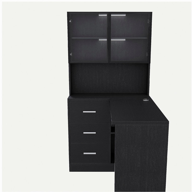 Bureau d'ordinateur avec armoires en verre et lumières DEL intégrées, bureau de coin en L avec ports de chargement USB, plateau à clavier, conception ergonomique pour les espaces de travail à domicile et en entreprise (noir)