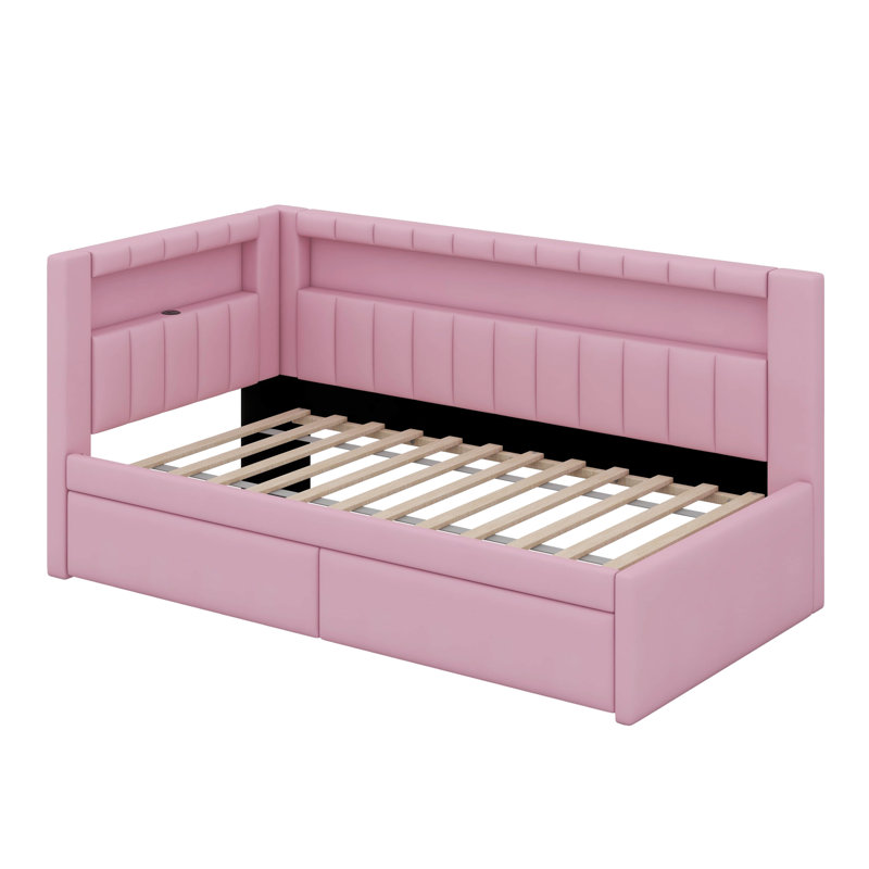 Upholstered Platform Bed With Trundle,USB Ports And LED Belt, Twin, Pink