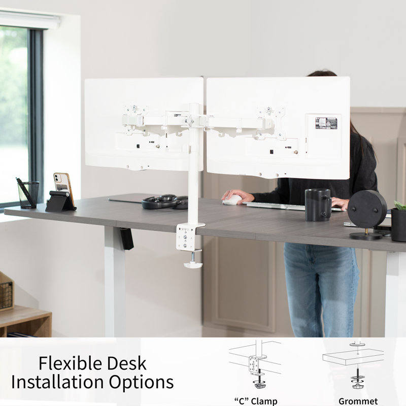 White Dual Monitor Adjustable Desk Mount for 13"-27" Screens