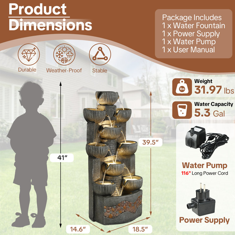  Modern 39.5" Tall Outdoor Water Fountain, Large 10-tier Cascading Bowls Waterfall Fountain With Led Lights, Stone Texture Floor-standing Resin Water Feature For Deck, Patio, Yard & Indoor