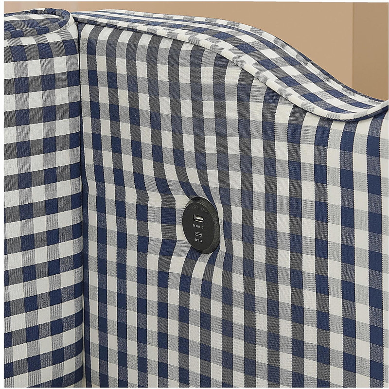 Cozy Gingham Daybed with Trundle Twin Size Sofa Bed No Box Spring Needed, with USB Port and Adorable Wave Shaped, Linen Fabric, Navy
