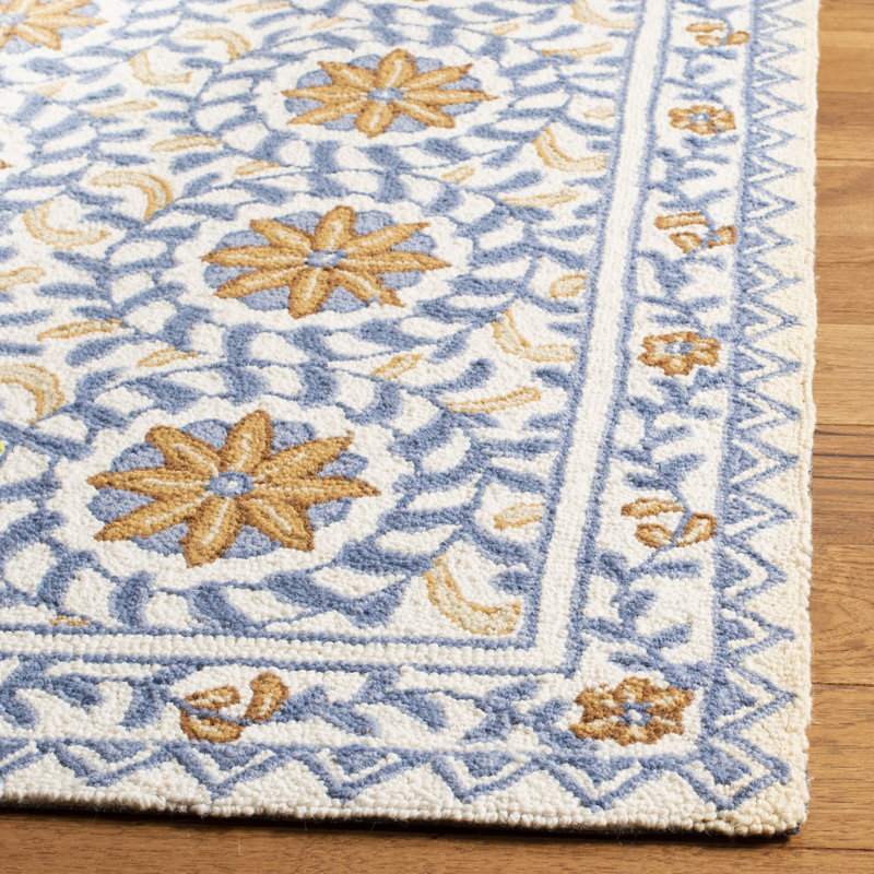 Chelsea Floral Handmade Tufted Wool Ivory/Blue Area Rug, Rectangle 6' x 9'