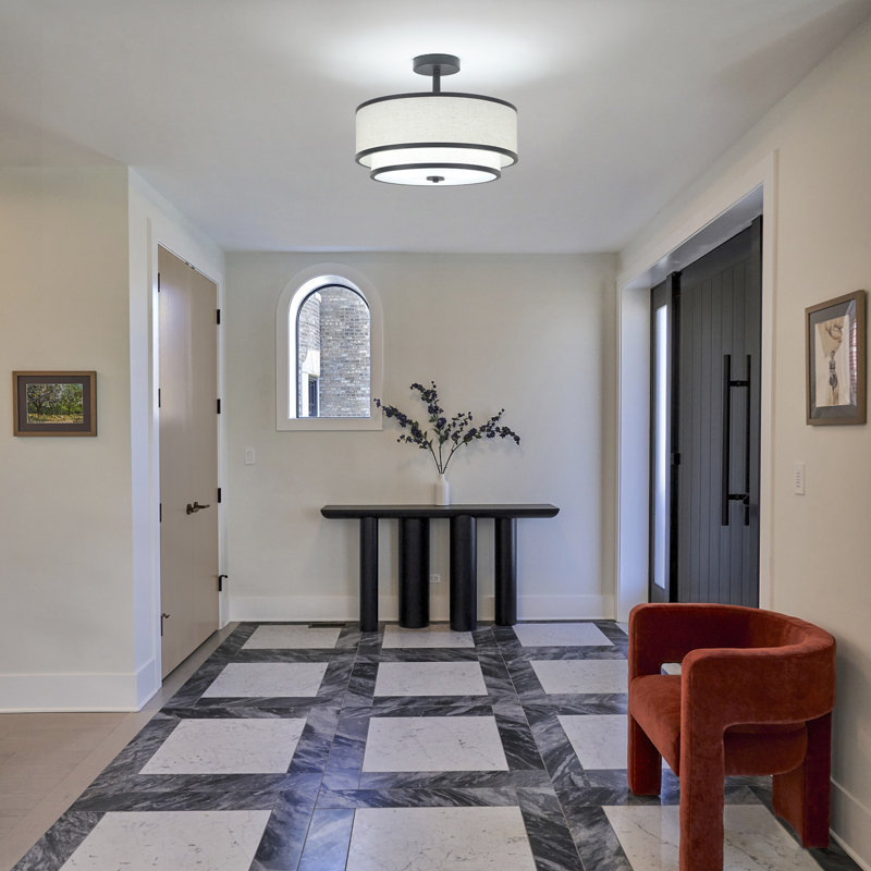 Matte Black Double Drum Semi Flush Mount Ceiling Light with Fabric Shade