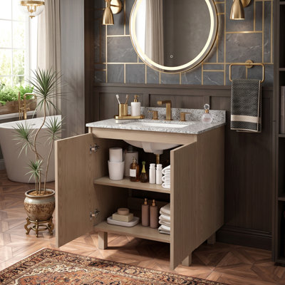Meuble-lavabo sur pied moderne à rainures, avec comptoir en granit naturel et lavabo encastré en céramique, armoire en contreplaqué à fermeture amortie et étagère réglable (30 po / 36 po / 48 po)