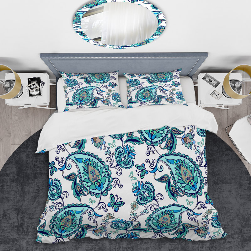 Bleu floral cachemire - ensemble de housse de couette abstrait - microfibre de polyester